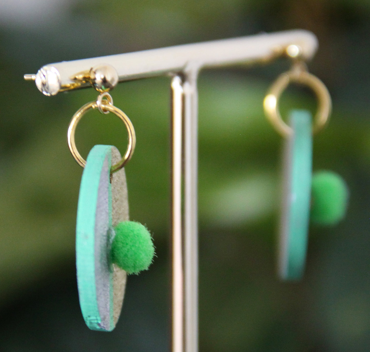 Gold, Silver and Lime Green Linear Design with Pom-pom Circular Earrings