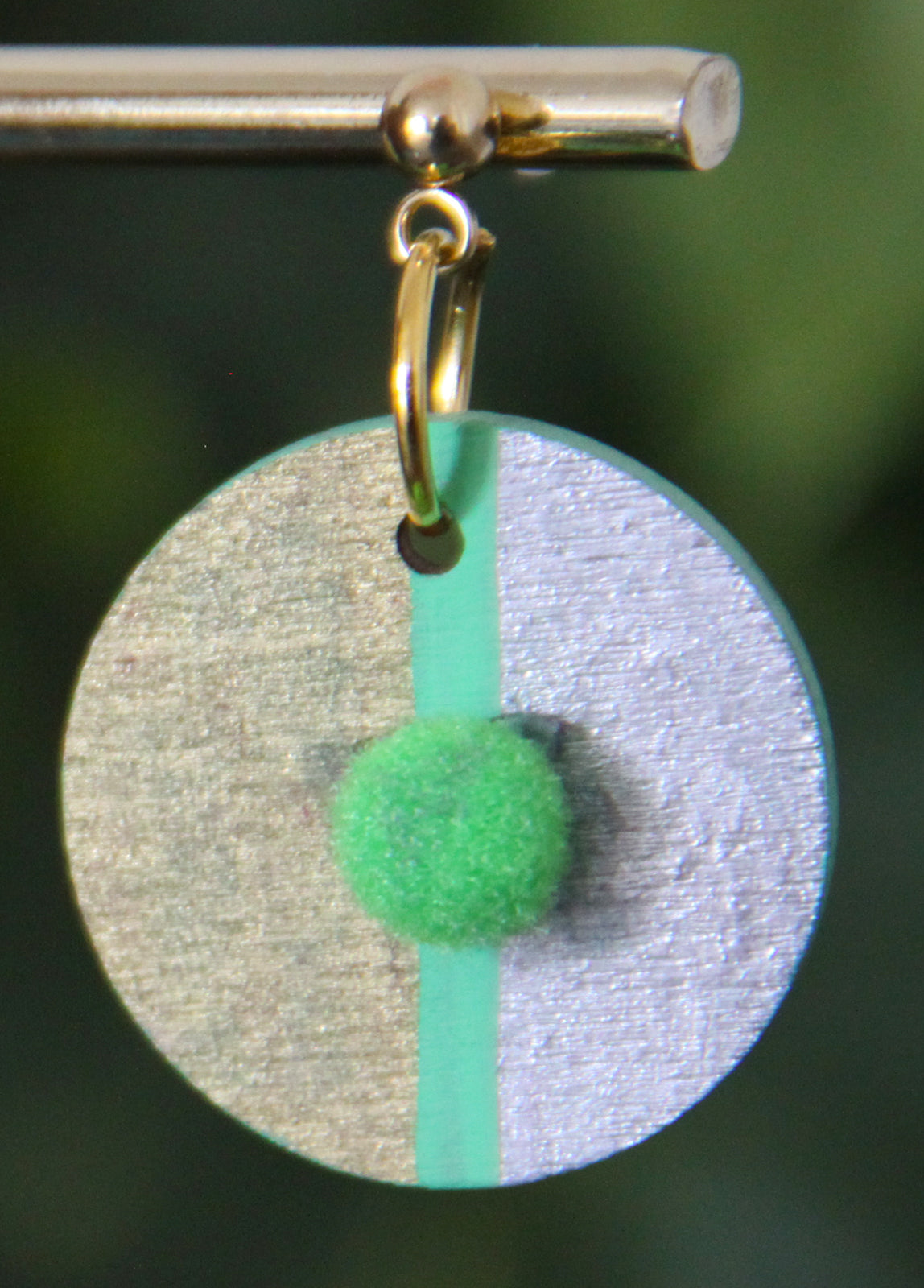 Gold, Silver and Lime Green Linear Design with Pom-pom Circular Earrings