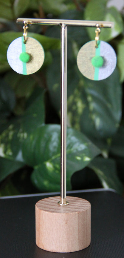 Gold, Silver and Lime Green Linear Design with Pom-pom Circular Earrings