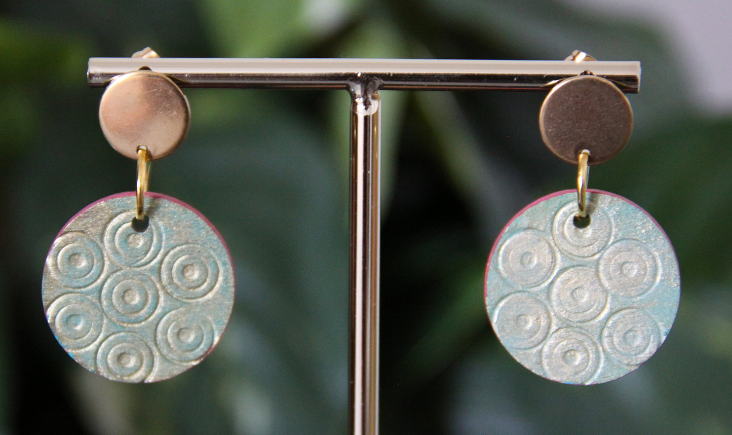 Etched Textured Gold with Blue undertones and Red Accent Earrings