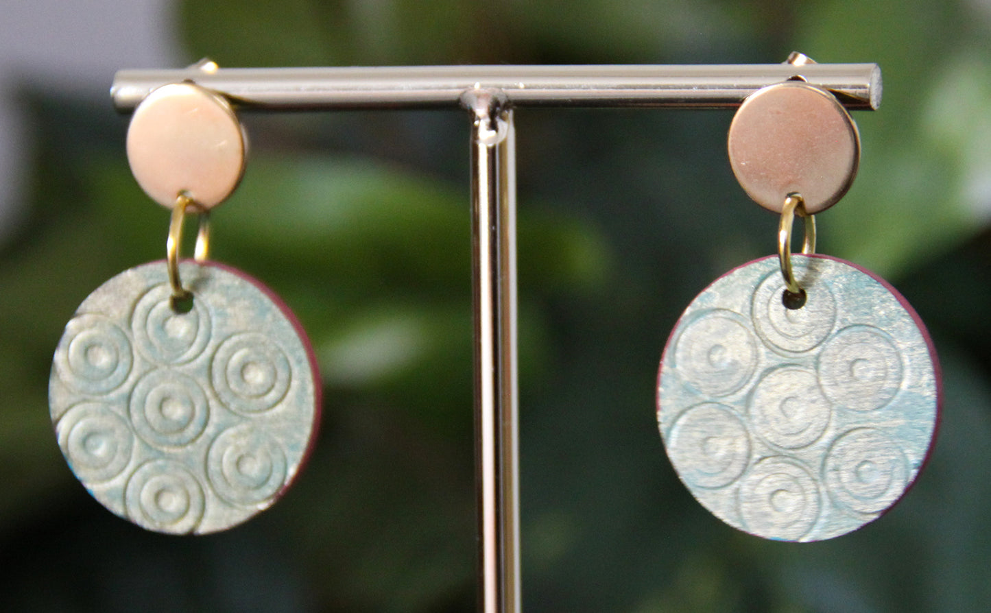 Etched Textured Gold with Blue undertones and Red Accent Earrings