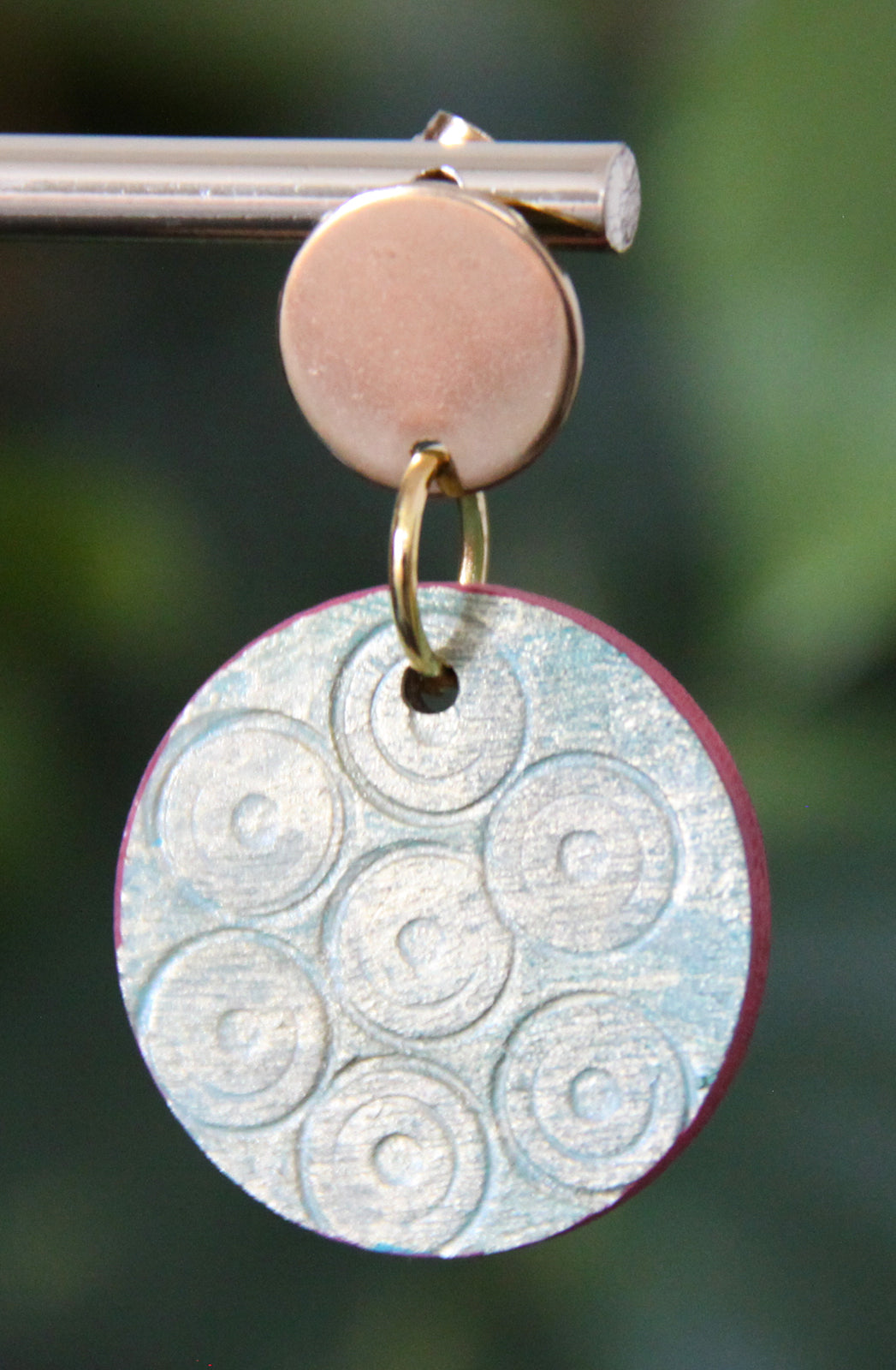 Etched Textured Gold with Blue undertones and Red Accent Earrings