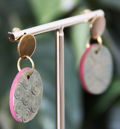 Etched Textured Gold with Blue undertones and Red Accent Earrings
