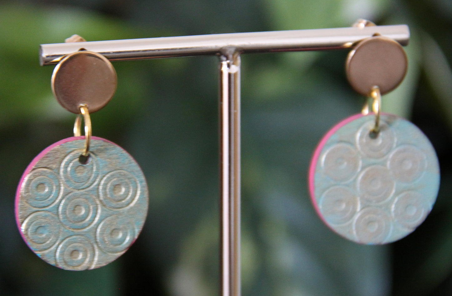 Etched Textured Gold with Blue undertones and Red Accent Earrings