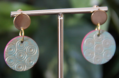 Etched Textured Gold with Blue undertones and Red Accent Earrings