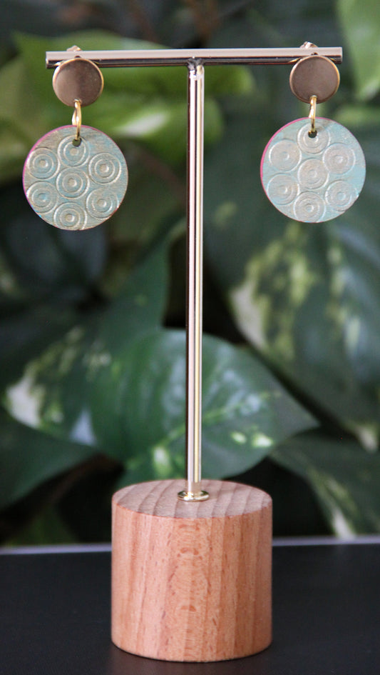 Etched Textured Gold with Blue undertones and Red Accent Earrings