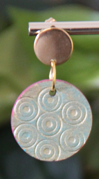 Etched Textured Gold with Blue undertones and Red Accent Earrings