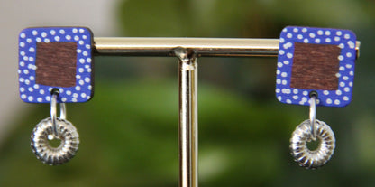 Blue and White Polka Dots Wood Rectangular Earrings
