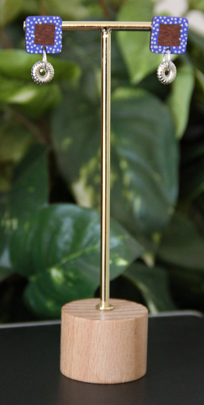 Blue and White Polka Dots Wood Rectangular Earrings