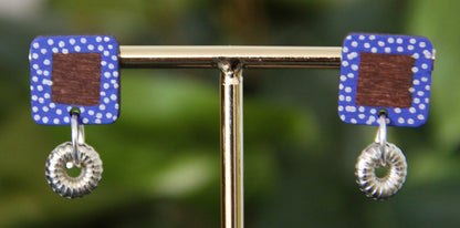 Blue and White Polka Dots Wood Rectangular Earrings