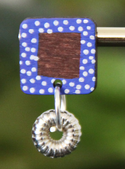 Blue and White Polka Dots Wood Rectangular Earrings