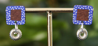 Blue and White Polka Dots Wood Rectangular Earrings