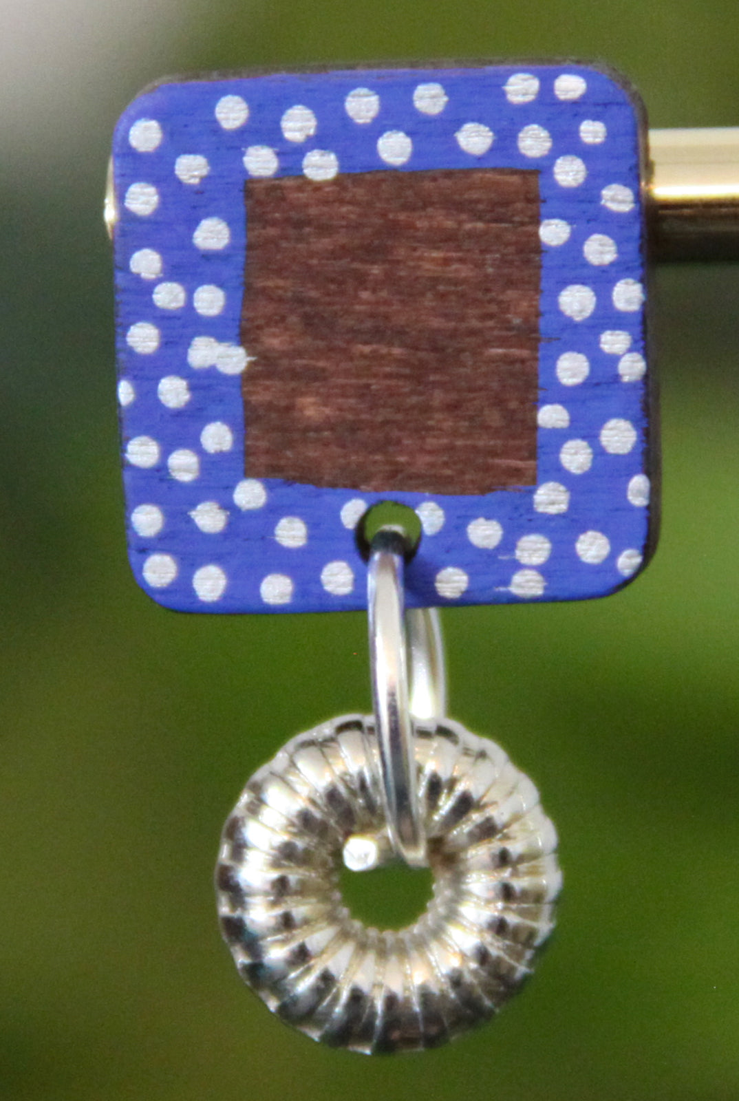 Blue and White Polka Dots Wood Rectangular Earrings