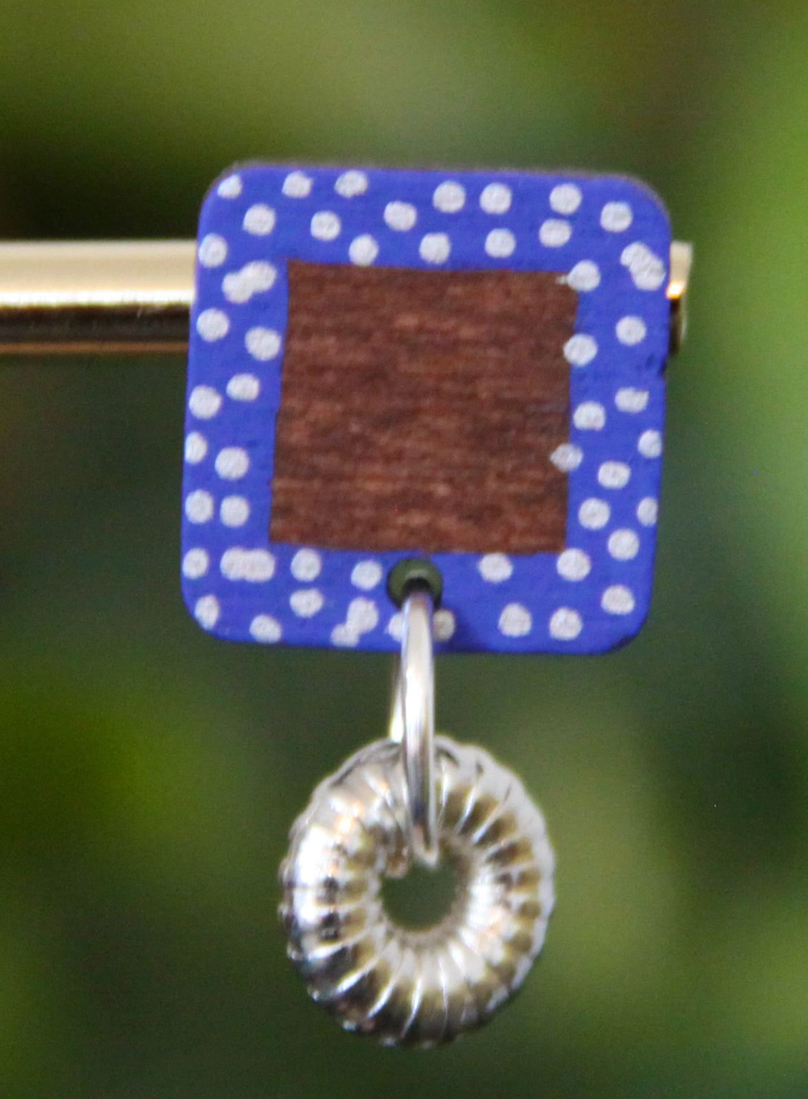 Blue and White Polka Dots Wood Rectangular Earrings