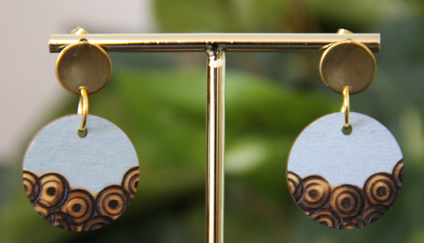 Etched Textured Wood with Grey Accent Circular Earrings