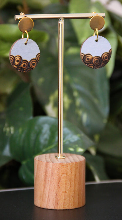 Etched Textured Wood with Grey Accent Circular Earrings