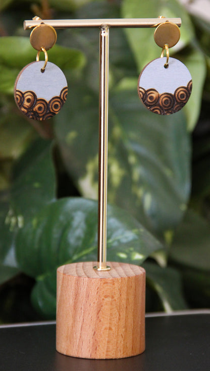 Etched Textured Wood with Grey Accent Circular Earrings