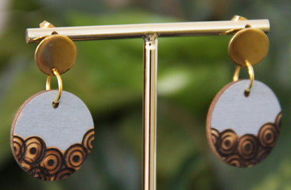 Etched Textured Wood with Grey Accent Circular Earrings