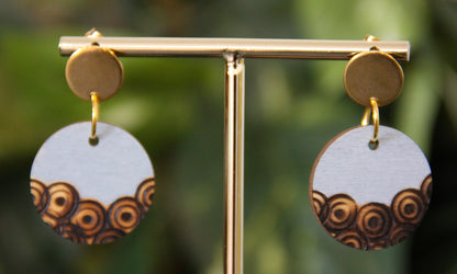 Etched Textured Wood with Grey Accent Circular Earrings