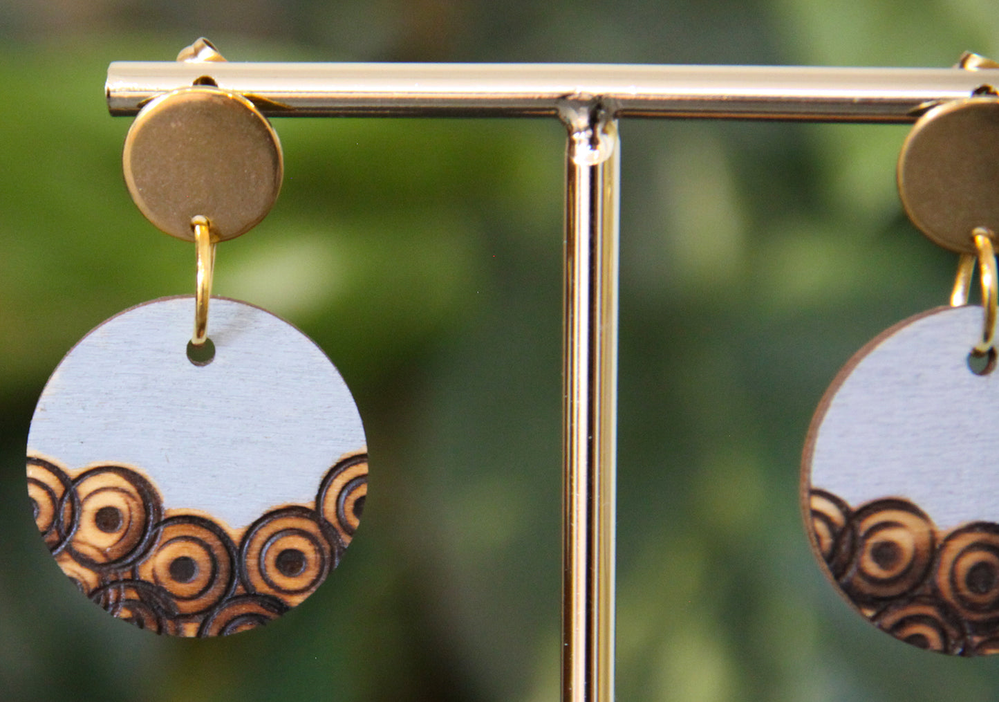 Etched Textured Wood with Grey Accent Circular Earrings