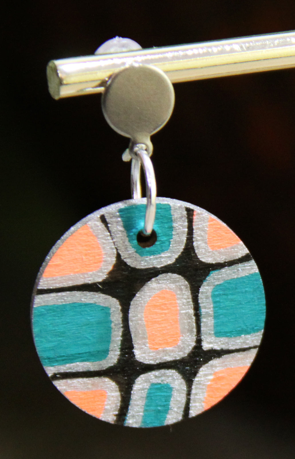 Teal, Silver and Black Geometric Circular Earrings