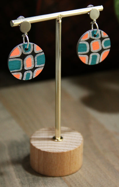 Teal, Silver and Black Geometric Circular Earrings