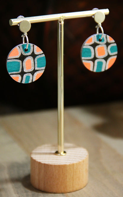 Teal, Silver and Black Geometric Circular Earrings