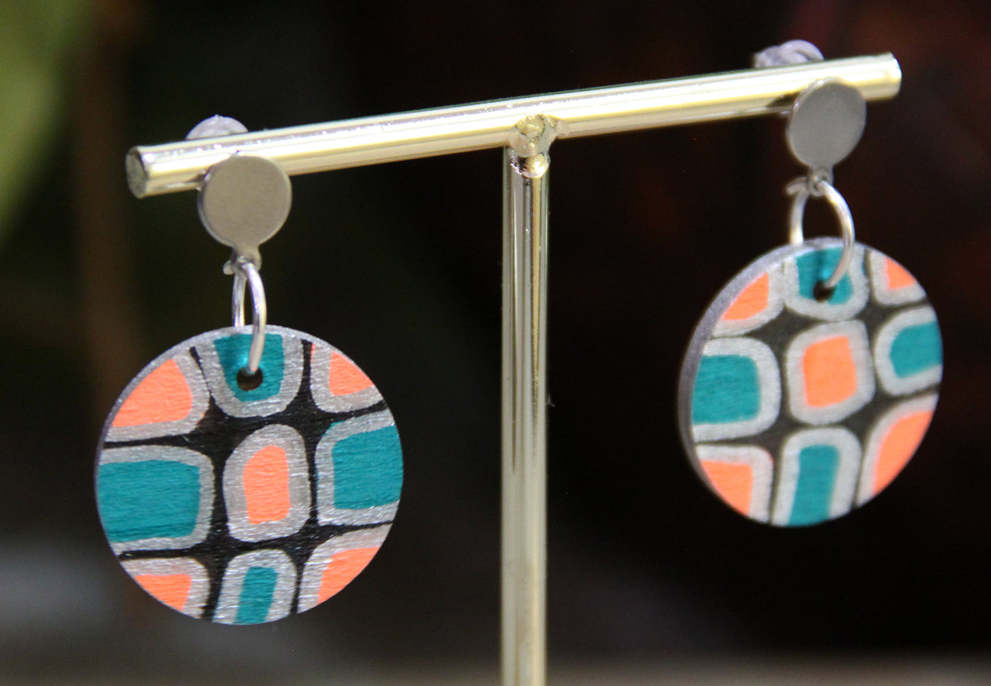 Teal, Silver and Black Geometric Circular Earrings