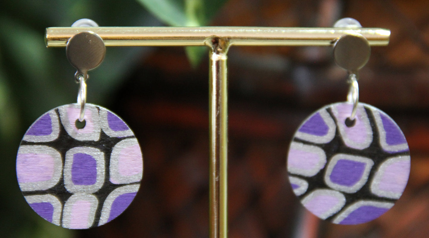 Purple, Silver and Black Geometric Circular Earrings