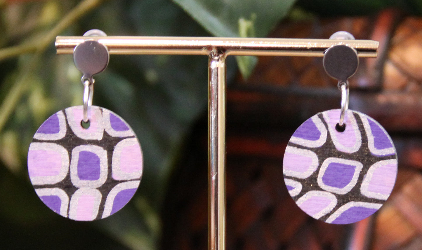 Purple, Silver and Black Geometric Circular Earrings