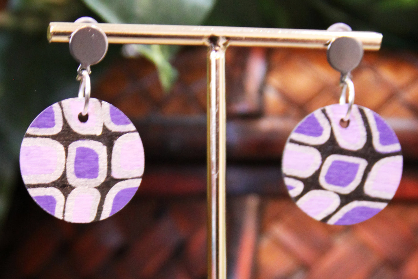 Purple, Silver and Black Geometric Circular Earrings