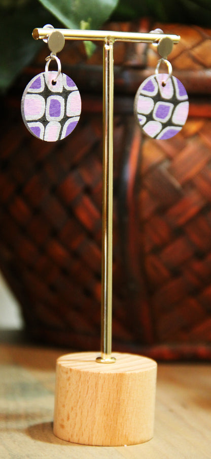 Purple, Silver and Black Geometric Circular Earrings