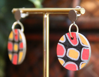 Red, Silver and Black Geometric Circular Earrings