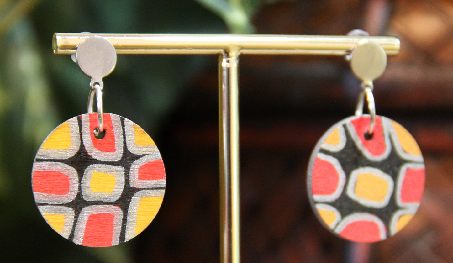 Red, Silver and Black Geometric Circular Earrings
