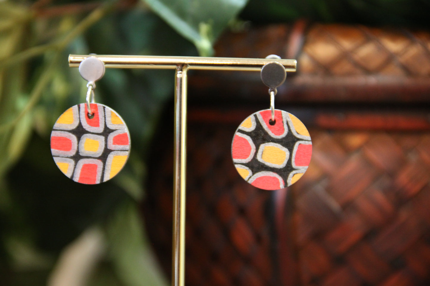Red, Silver and Black Geometric Circular Earrings