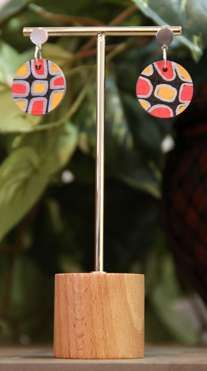 Red, Silver and Black Geometric Circular Earrings