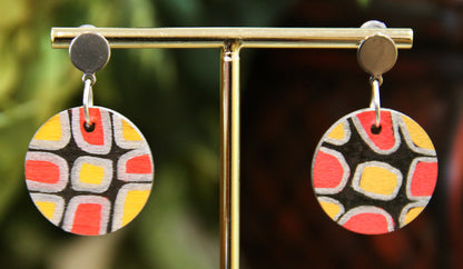 Red, Silver and Black Geometric Circular Earrings