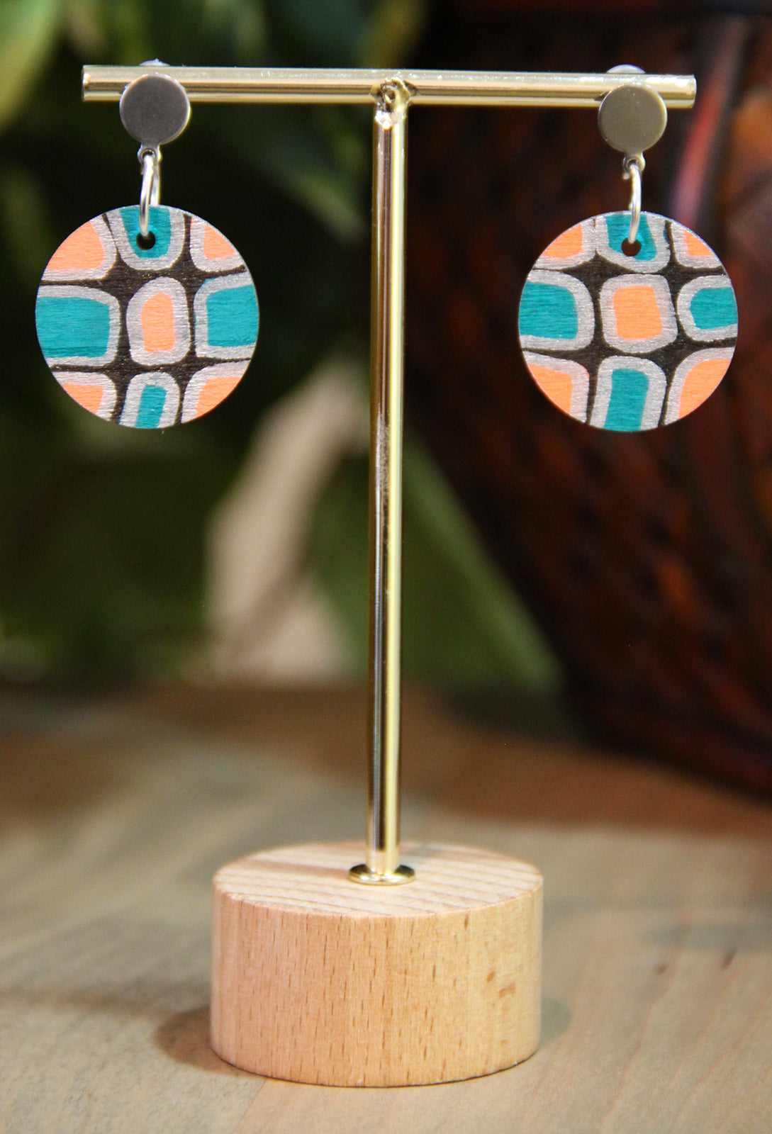 Teal, Silver and Black Geometric Circular Earrings