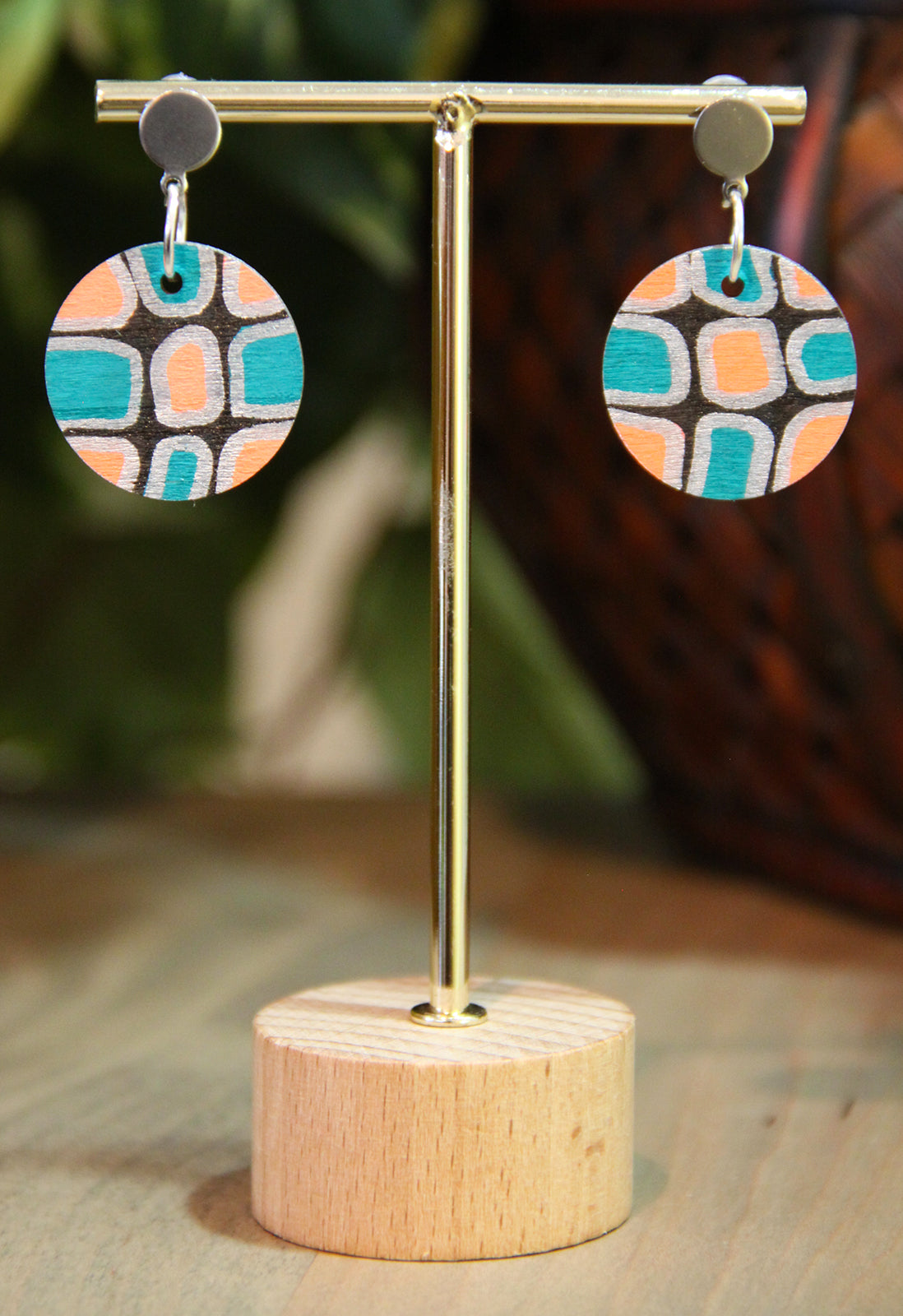 Teal, Silver and Black Geometric Circular Earrings