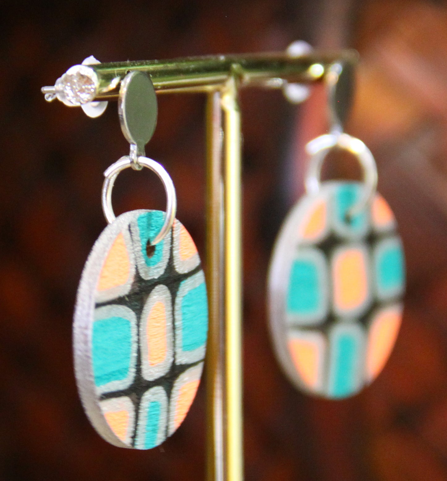 Teal, Silver and Black Geometric Circular Earrings