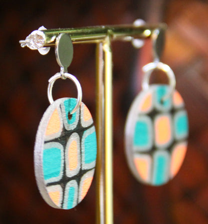Teal, Silver and Black Geometric Circular Earrings