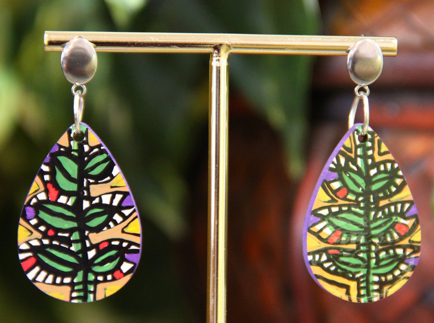 Green and Beige Botanical Small Teardrop Earrings