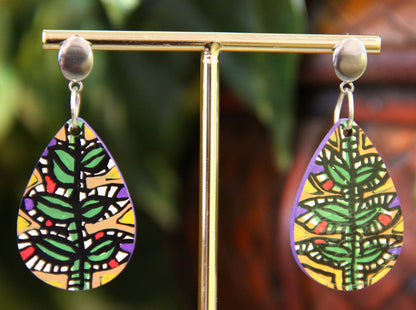 Green and Beige Botanical Small Teardrop Earrings