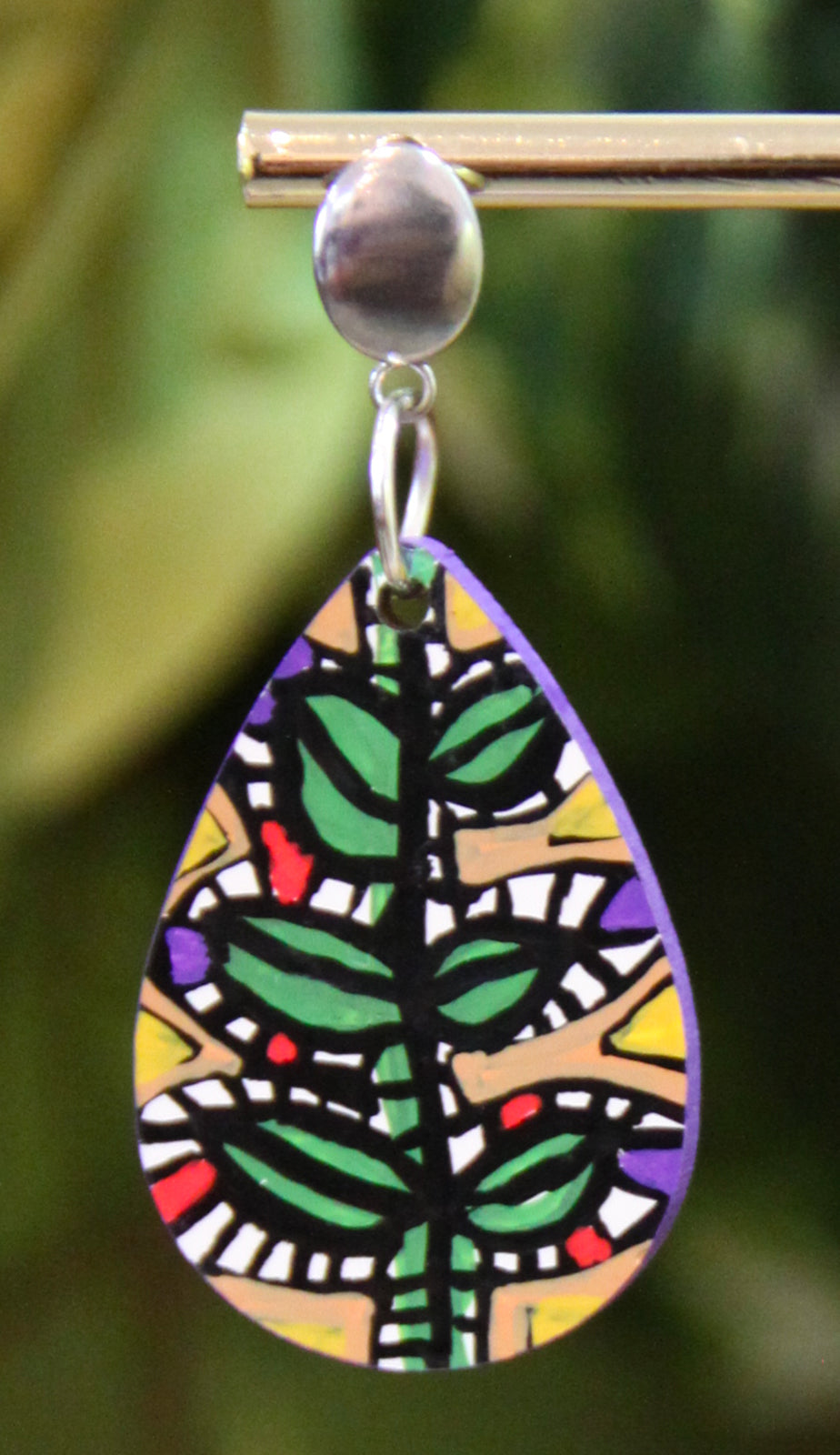 Green and Beige Botanical Small Teardrop Earrings