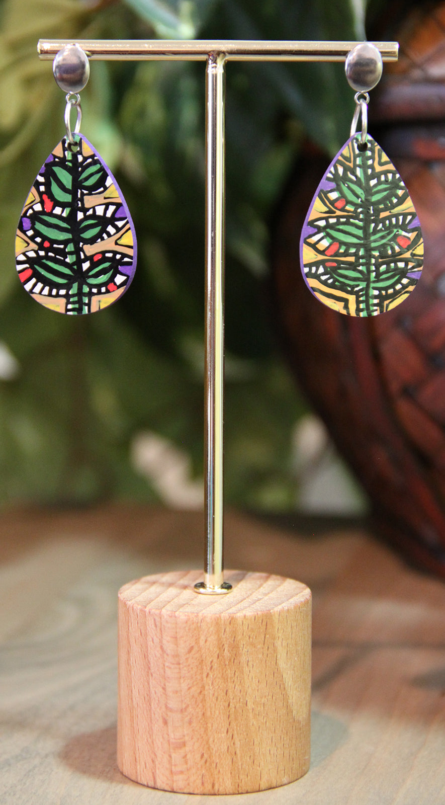 Green and Beige Botanical Small Teardrop Earrings