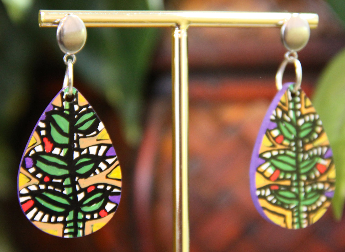 Green and Beige Botanical Small Teardrop Earrings