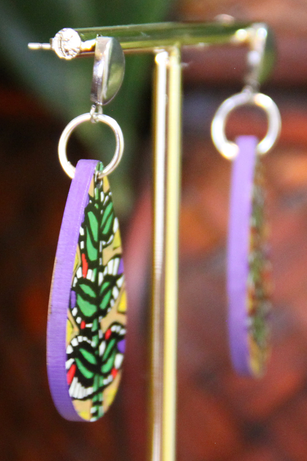 Green and Beige Botanical Small Teardrop Earrings