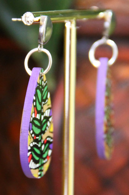 Green and Beige Botanical Small Teardrop Earrings