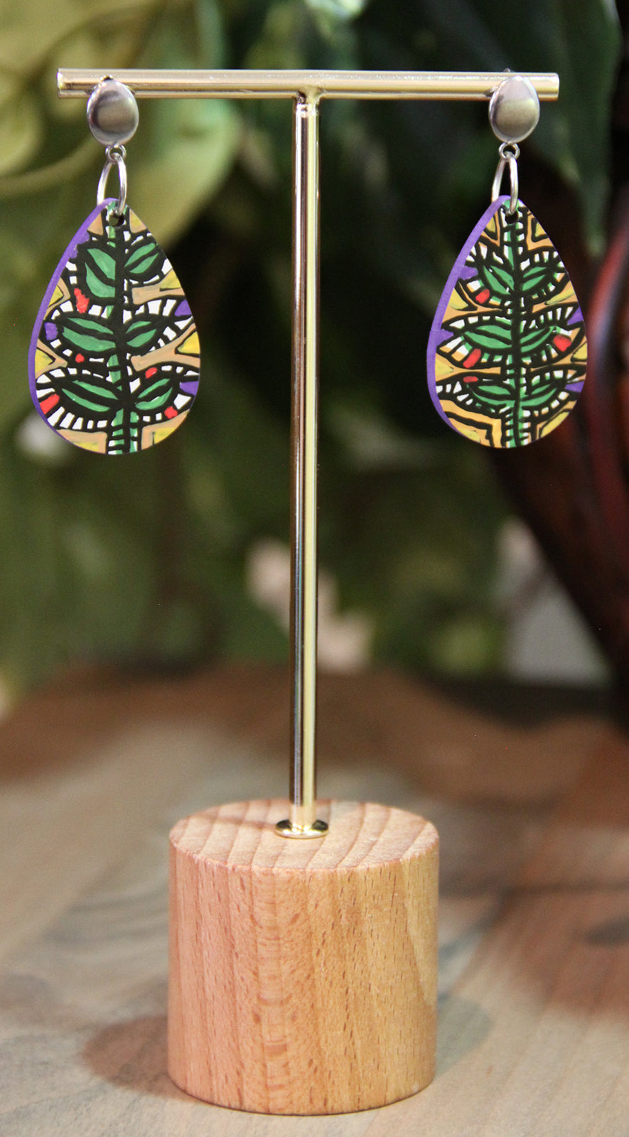 Green and Beige Botanical Small Teardrop Earrings
