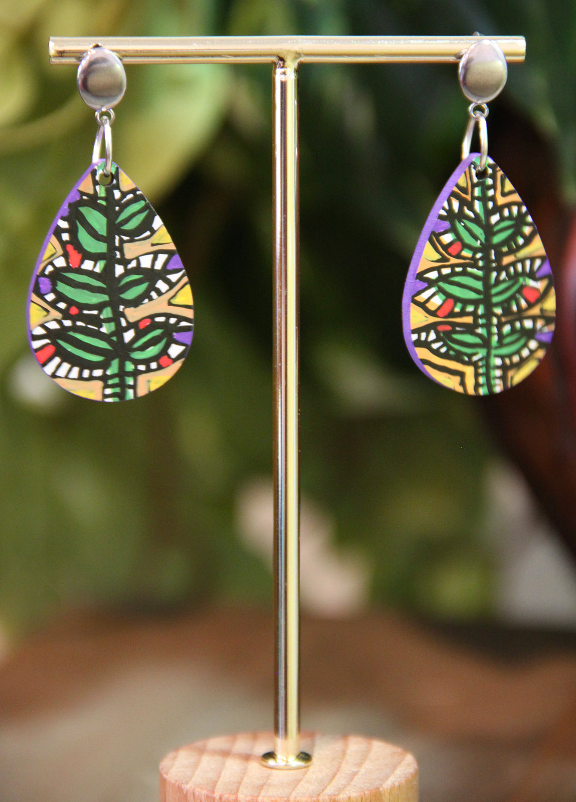 Green and Beige Botanical Small Teardrop Earrings